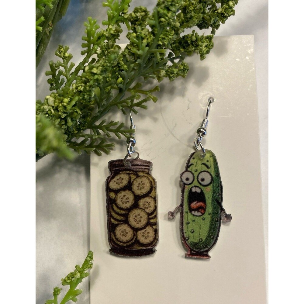 Earrings Whimsical Humorous Pickle & Jar Funny Dangle Statement Jewelry‎